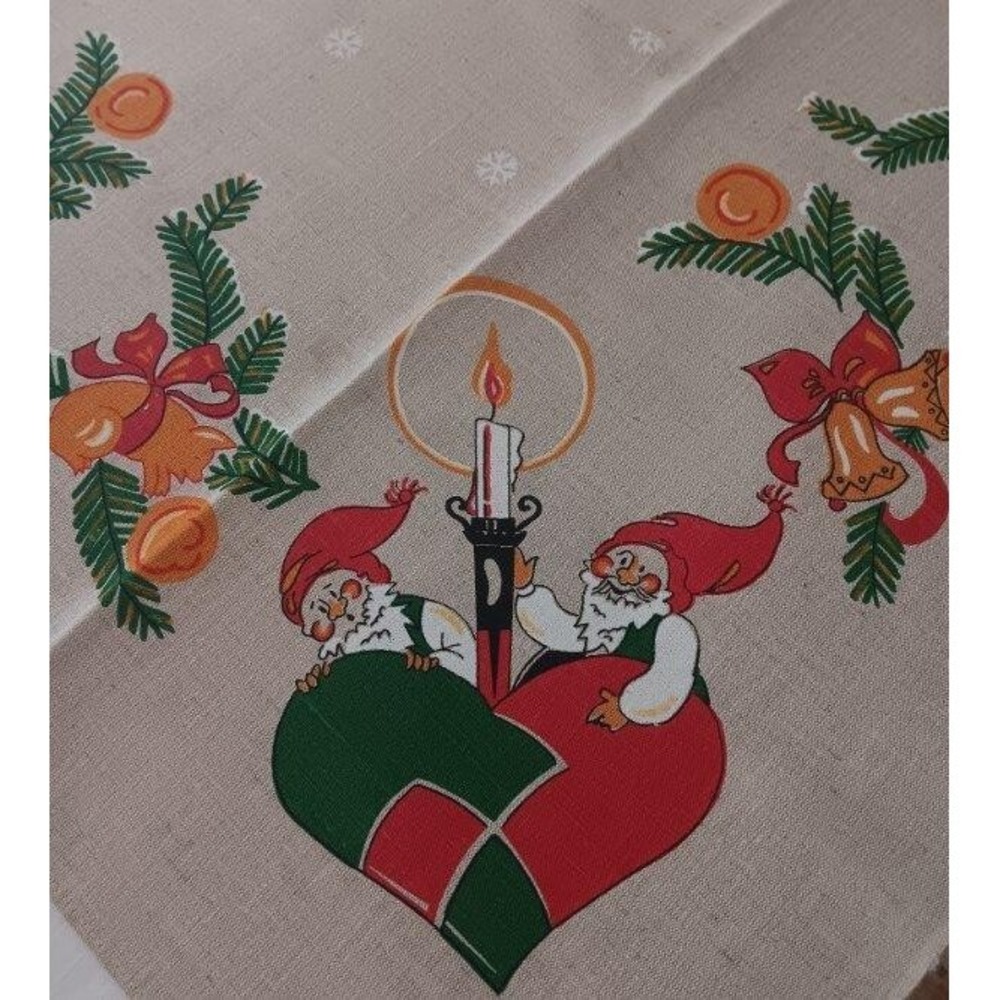 Vintage 60s Scandinavian Printed Christmas Tablecloth Gnomes Norway Unused